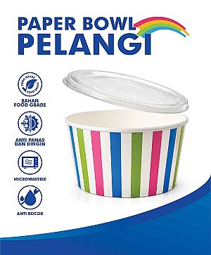 Paper Bowl Mangkok Kertas Motif STRIPE PELANGI + Tutup | Food Grade Anti Bocor Microwave Safe