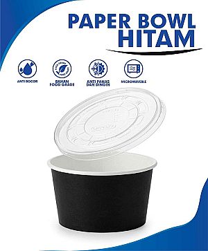 Paper Bowl Mangkok Kertas HITAM POLOS + Tutup | Food Grade Anti Bocor Microwave Safe