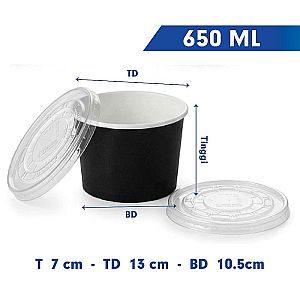 Paper Bowl Mangkok Kertas HITAM POLOS + Tutup | Food Grade Anti Bocor Microwave Safe
