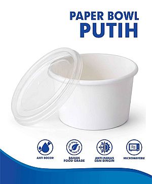 Paper Bowl Mangkok Kertas PUTIH POLOS + Tutup | Food Grade Anti Bocor Microwave Safe