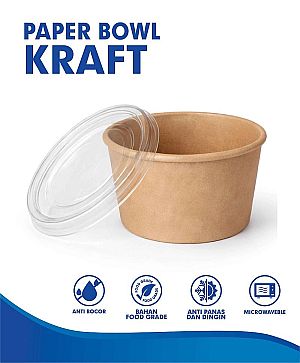 Paper Bowl Mangkok Kertas KRAFT COKLAT + Tutup | Food Grade Anti Bocor Microwave Safe