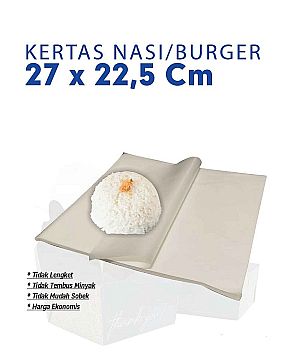 Kertas Nasi Food Grade Anti Lengket 27x22.5 cm | Kertas Burger & Food Wrapper Minyak ProofKertas Nasi / Kertas Burger / Food Wrapper adalah solusi kemasan makanan praktis dan higienis untuk berbagai kebutuhan usaha kuliner. Menggunakan bahan food gra